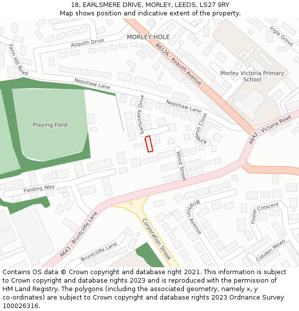 18, EARLSMERE DRIVE, MORLEY, LEEDS, LS27 9RY: Location map and indicative extent of plot