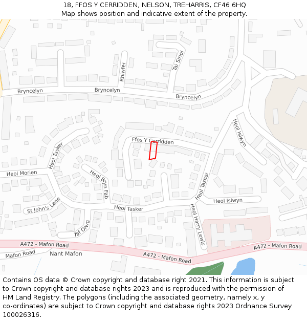18, FFOS Y CERRIDDEN, NELSON, TREHARRIS, CF46 6HQ: Location map and indicative extent of plot