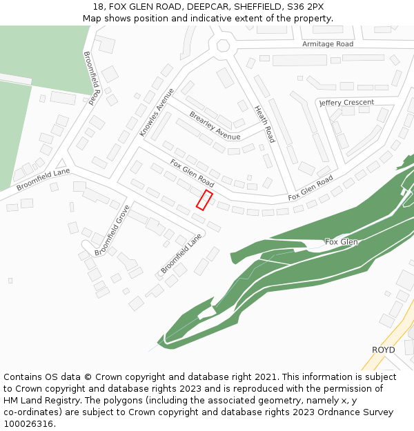 18, FOX GLEN ROAD, DEEPCAR, SHEFFIELD, S36 2PX: Location map and indicative extent of plot