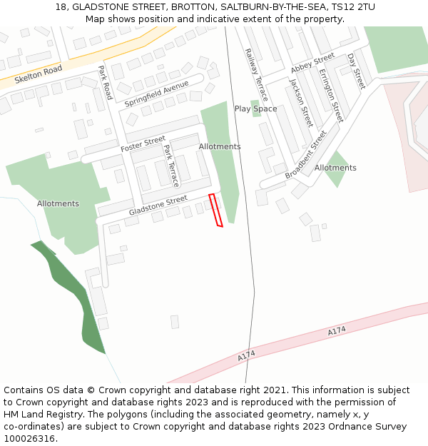 18, GLADSTONE STREET, BROTTON, SALTBURN-BY-THE-SEA, TS12 2TU: Location map and indicative extent of plot