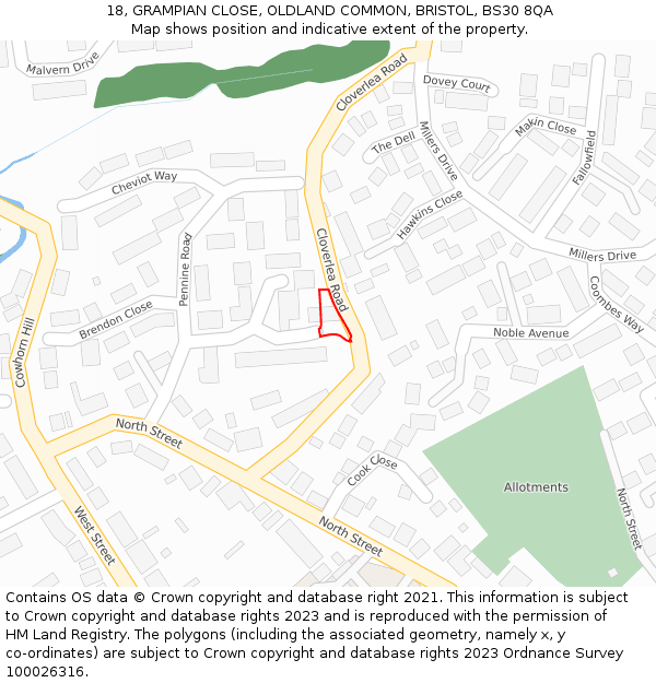 18, GRAMPIAN CLOSE, OLDLAND COMMON, BRISTOL, BS30 8QA: Location map and indicative extent of plot