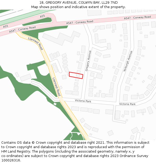 18, GREGORY AVENUE, COLWYN BAY, LL29 7ND: Location map and indicative extent of plot