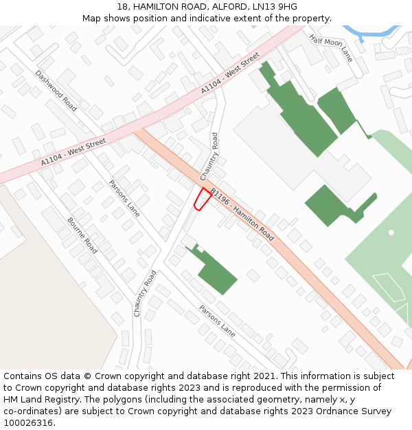 18, HAMILTON ROAD, ALFORD, LN13 9HG: Location map and indicative extent of plot