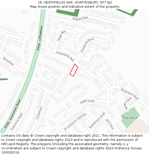 18, HEATHFIELDS WAY, SHAFTESBURY, SP7 9JZ: Location map and indicative extent of plot