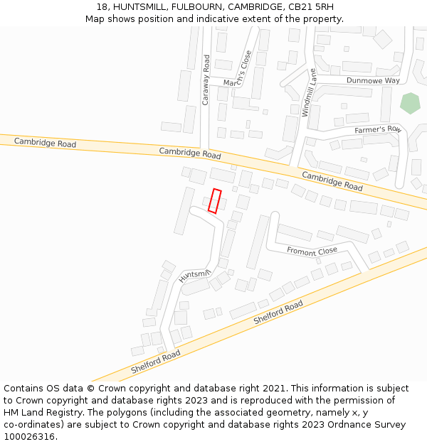 18, HUNTSMILL, FULBOURN, CAMBRIDGE, CB21 5RH: Location map and indicative extent of plot