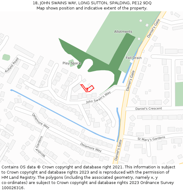 18, JOHN SWAINS WAY, LONG SUTTON, SPALDING, PE12 9DQ: Location map and indicative extent of plot