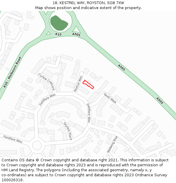 18, KESTREL WAY, ROYSTON, SG8 7XW: Location map and indicative extent of plot