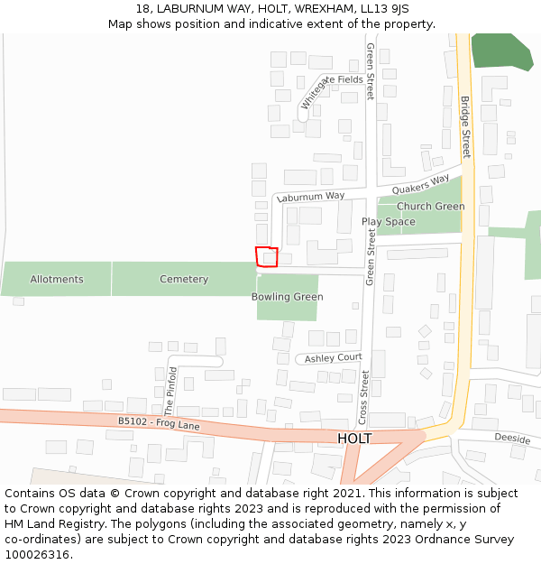 18, LABURNUM WAY, HOLT, WREXHAM, LL13 9JS: Location map and indicative extent of plot