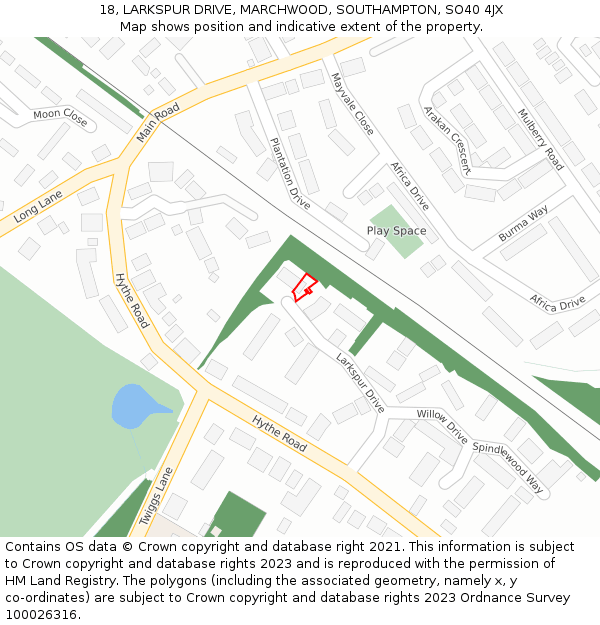 18, LARKSPUR DRIVE, MARCHWOOD, SOUTHAMPTON, SO40 4JX: Location map and indicative extent of plot