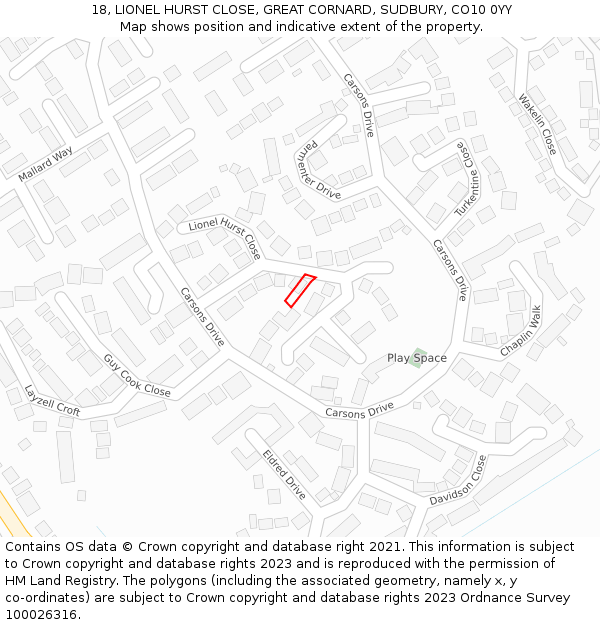 18, LIONEL HURST CLOSE, GREAT CORNARD, SUDBURY, CO10 0YY: Location map and indicative extent of plot