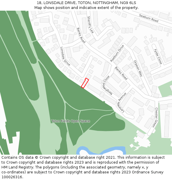 18, LONSDALE DRIVE, TOTON, NOTTINGHAM, NG9 6LS: Location map and indicative extent of plot