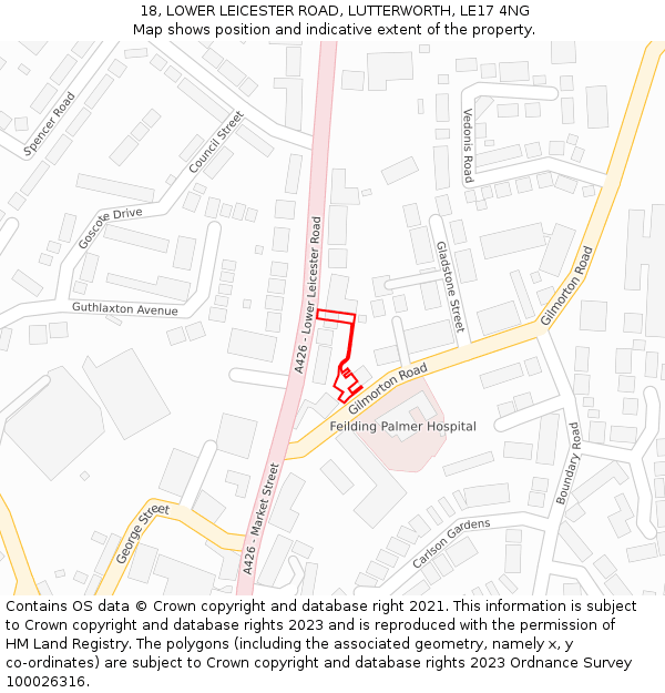 18, LOWER LEICESTER ROAD, LUTTERWORTH, LE17 4NG: Location map and indicative extent of plot