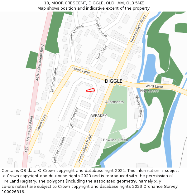 18, MOOR CRESCENT, DIGGLE, OLDHAM, OL3 5NZ: Location map and indicative extent of plot