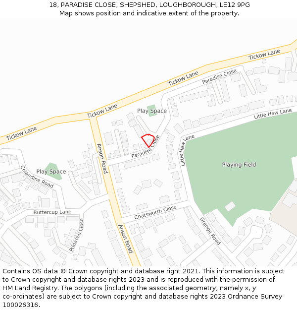 18, PARADISE CLOSE, SHEPSHED, LOUGHBOROUGH, LE12 9PG: Location map and indicative extent of plot