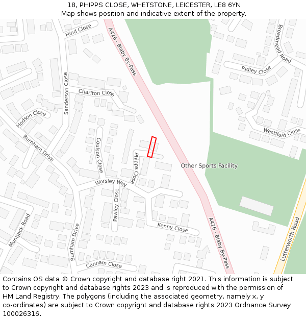 18, PHIPPS CLOSE, WHETSTONE, LEICESTER, LE8 6YN: Location map and indicative extent of plot