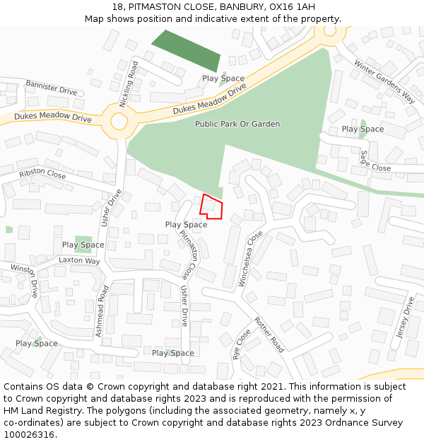 18, PITMASTON CLOSE, BANBURY, OX16 1AH: Location map and indicative extent of plot