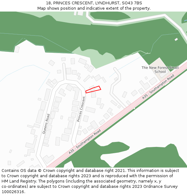 18, PRINCES CRESCENT, LYNDHURST, SO43 7BS: Location map and indicative extent of plot