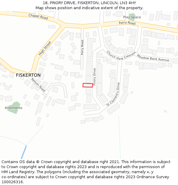 18, PRIORY DRIVE, FISKERTON, LINCOLN, LN3 4HY: Location map and indicative extent of plot