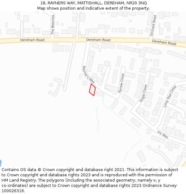 18, RAYNERS WAY, MATTISHALL, DEREHAM, NR20 3NQ: Location map and indicative extent of plot