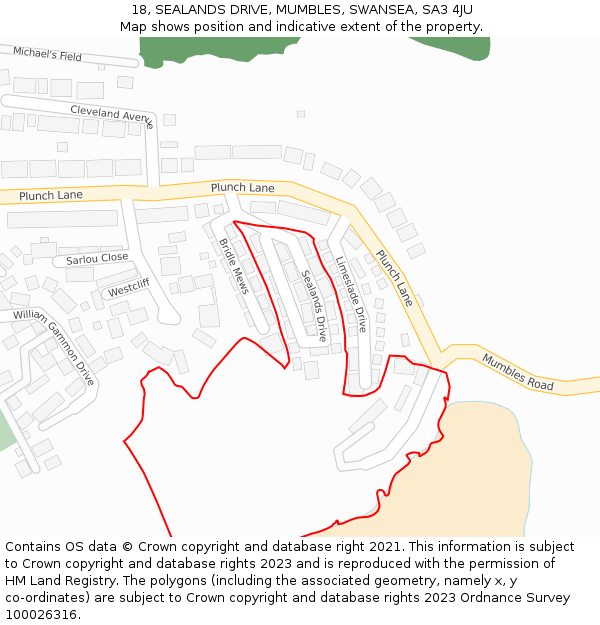 18, SEALANDS DRIVE, MUMBLES, SWANSEA, SA3 4JU: Location map and indicative extent of plot