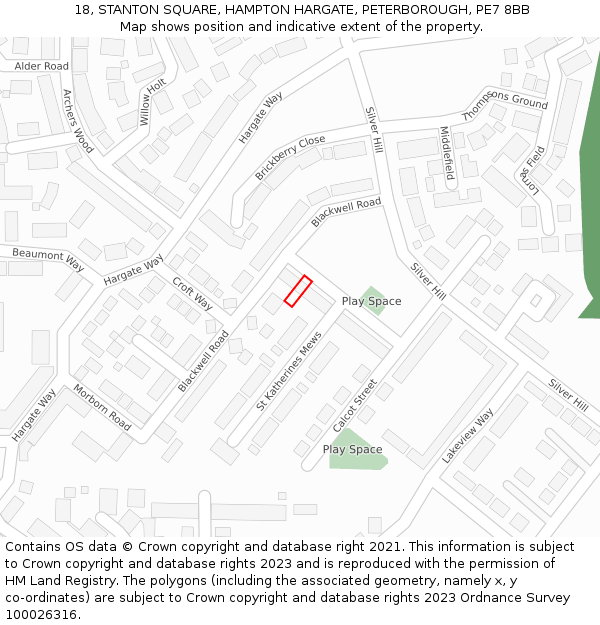 18, STANTON SQUARE, HAMPTON HARGATE, PETERBOROUGH, PE7 8BB: Location map and indicative extent of plot