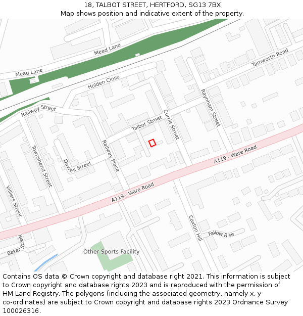 18, TALBOT STREET, HERTFORD, SG13 7BX: Location map and indicative extent of plot