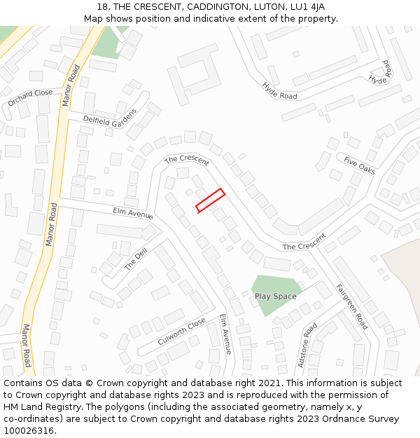 18, THE CRESCENT, CADDINGTON, LUTON, LU1 4JA: Location map and indicative extent of plot