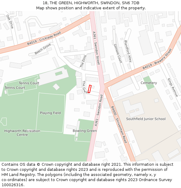 18, THE GREEN, HIGHWORTH, SWINDON, SN6 7DB: Location map and indicative extent of plot