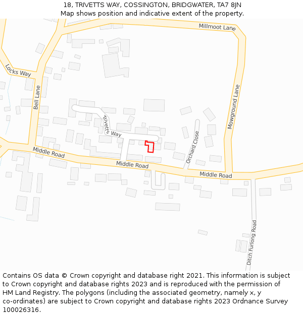 18, TRIVETTS WAY, COSSINGTON, BRIDGWATER, TA7 8JN: Location map and indicative extent of plot