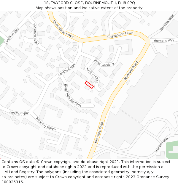 18, TWYFORD CLOSE, BOURNEMOUTH, BH8 0PQ: Location map and indicative extent of plot