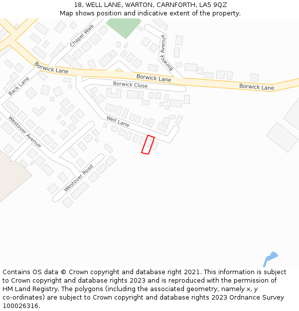 18, WELL LANE, WARTON, CARNFORTH, LA5 9QZ: Location map and indicative extent of plot