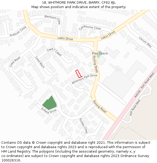 18, WHITMORE PARK DRIVE, BARRY, CF62 8JL: Location map and indicative extent of plot