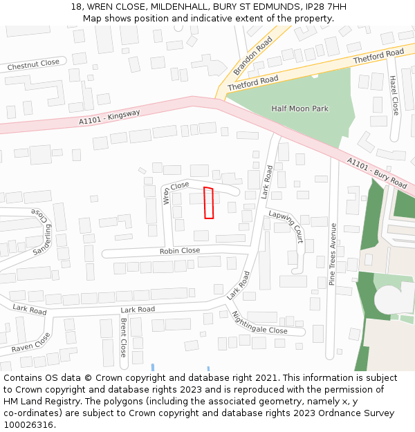 18, WREN CLOSE, MILDENHALL, BURY ST EDMUNDS, IP28 7HH: Location map and indicative extent of plot