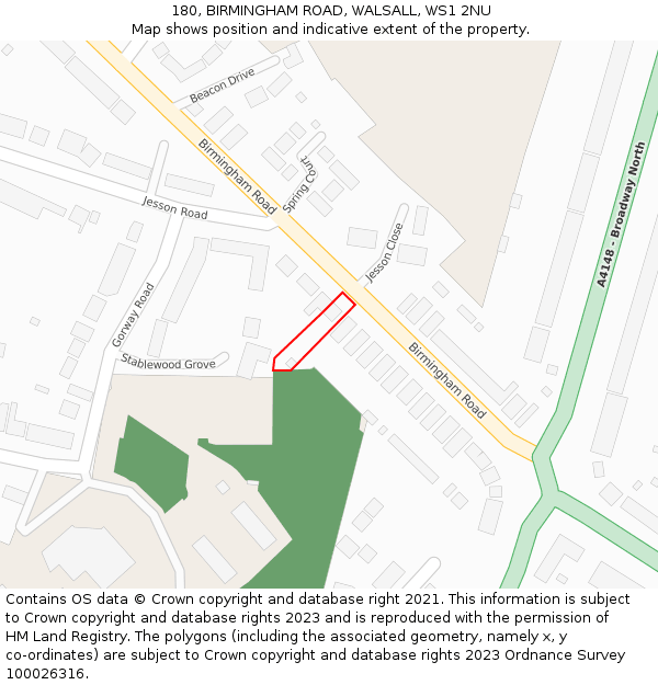 180, BIRMINGHAM ROAD, WALSALL, WS1 2NU: Location map and indicative extent of plot