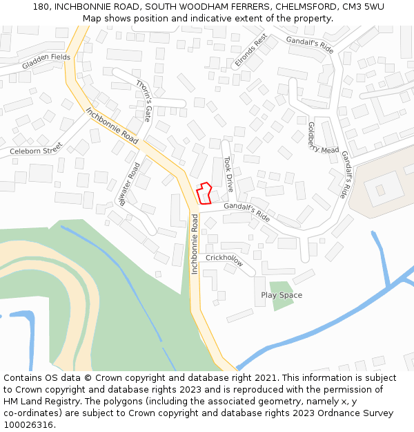 180, INCHBONNIE ROAD, SOUTH WOODHAM FERRERS, CHELMSFORD, CM3 5WU: Location map and indicative extent of plot