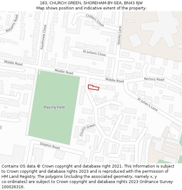 183, CHURCH GREEN, SHOREHAM-BY-SEA, BN43 6JW: Location map and indicative extent of plot