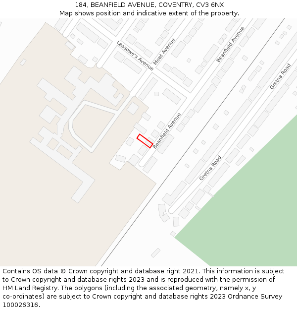 184, BEANFIELD AVENUE, COVENTRY, CV3 6NX: Location map and indicative extent of plot