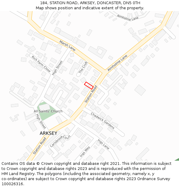 184, STATION ROAD, ARKSEY, DONCASTER, DN5 0TH: Location map and indicative extent of plot