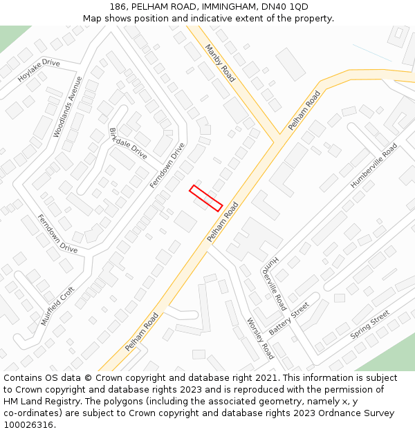 186, PELHAM ROAD, IMMINGHAM, DN40 1QD: Location map and indicative extent of plot