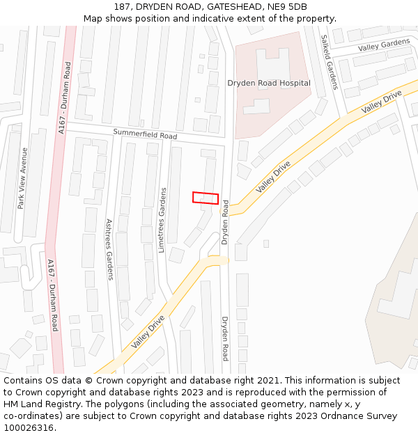 187, DRYDEN ROAD, GATESHEAD, NE9 5DB: Location map and indicative extent of plot
