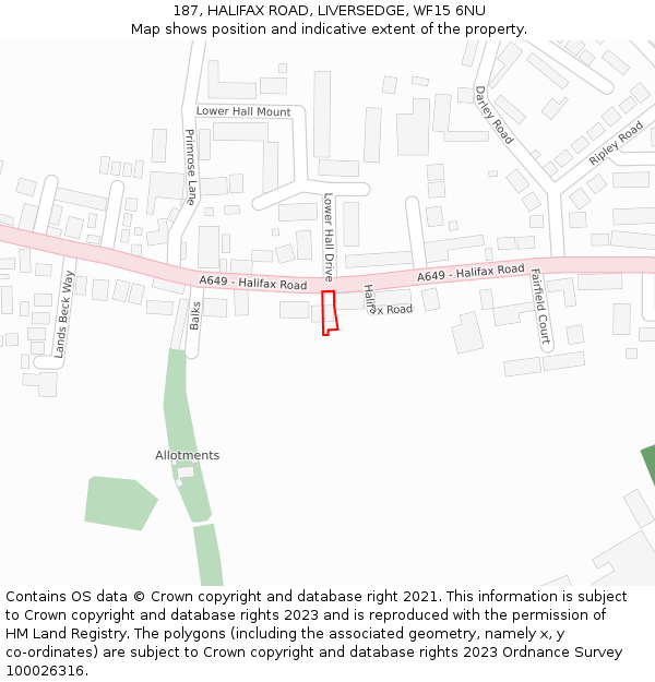 187, HALIFAX ROAD, LIVERSEDGE, WF15 6NU: Location map and indicative extent of plot