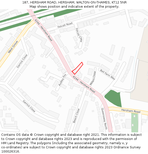 187, HERSHAM ROAD, HERSHAM, WALTON-ON-THAMES, KT12 5NR: Location map and indicative extent of plot