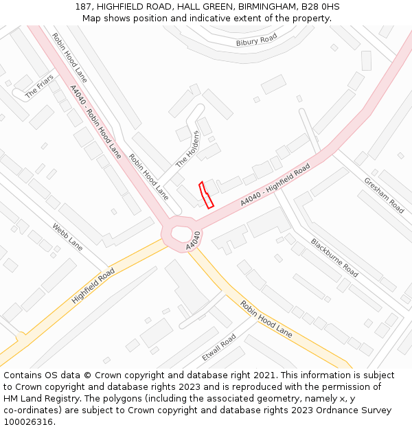 187, HIGHFIELD ROAD, HALL GREEN, BIRMINGHAM, B28 0HS: Location map and indicative extent of plot