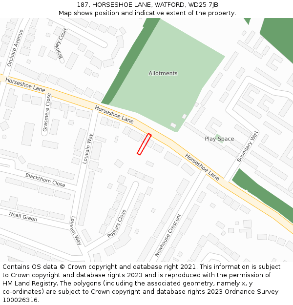 187, HORSESHOE LANE, WATFORD, WD25 7JB: Location map and indicative extent of plot