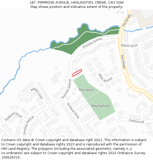 187, PRIMROSE AVENUE, HASLINGTON, CREWE, CW1 5QW: Location map and indicative extent of plot