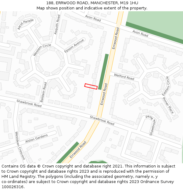 188, ERRWOOD ROAD, MANCHESTER, M19 1HU: Location map and indicative extent of plot