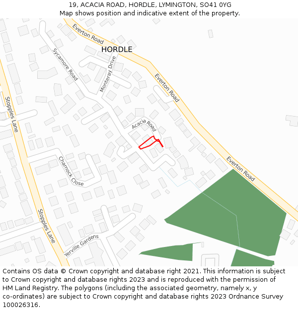 19, ACACIA ROAD, HORDLE, LYMINGTON, SO41 0YG: Location map and indicative extent of plot