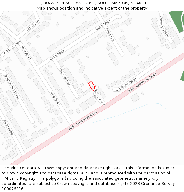 19, BOAKES PLACE, ASHURST, SOUTHAMPTON, SO40 7FF: Location map and indicative extent of plot