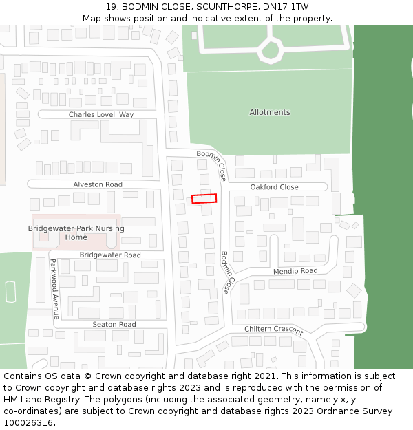 19, BODMIN CLOSE, SCUNTHORPE, DN17 1TW: Location map and indicative extent of plot