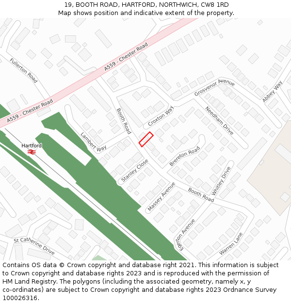 19, BOOTH ROAD, HARTFORD, NORTHWICH, CW8 1RD: Location map and indicative extent of plot